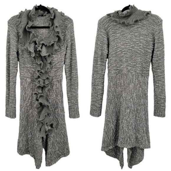 Vtg 90s Wool Ruffled Knit Cardigan Sweater Duster L Gray Whimsical Fairy Goth - Picture 1 of 13